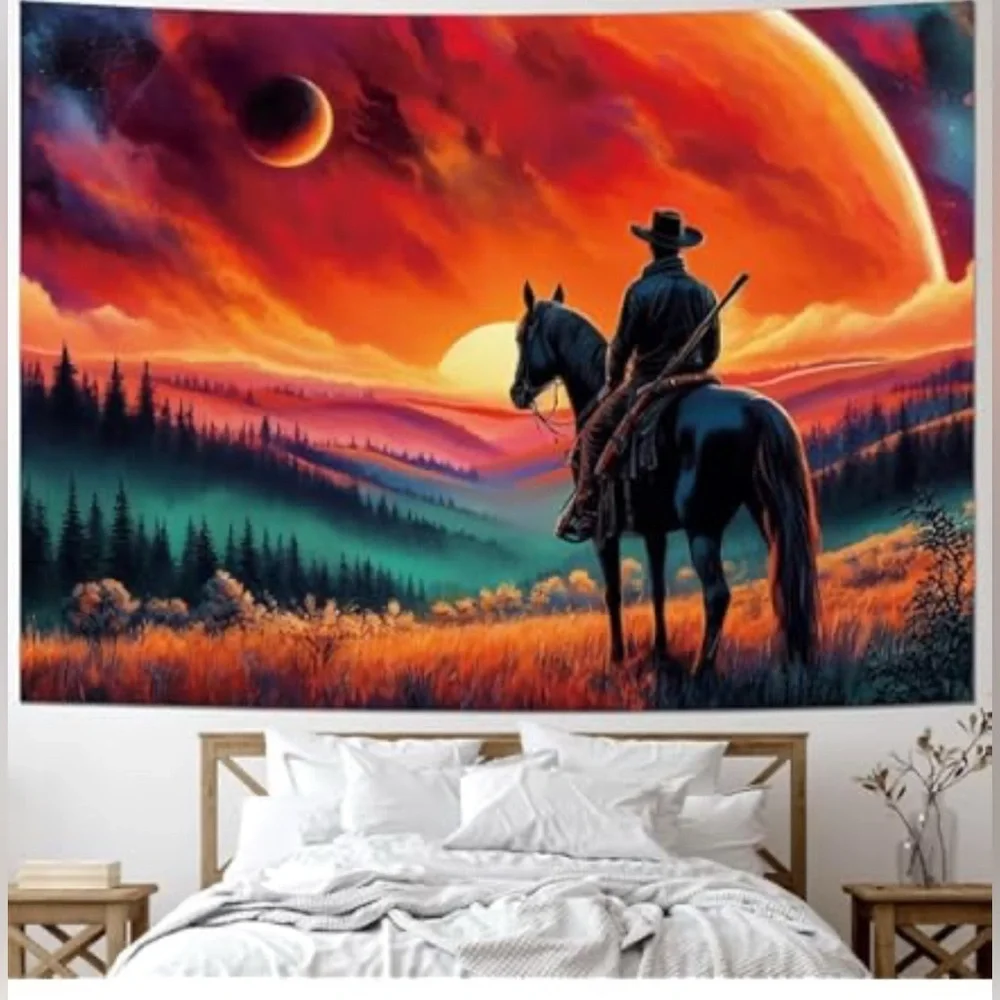 Cowboy on horse watching a sunset backdrop , 4 x 5